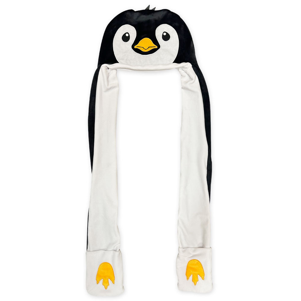 The Penguin Longpaw Hat is a cozy winter accessory featuring a cheerful black and white penguin face, long ear flaps, and yellow flipper-shaped mittens—a playful costume hat for cold days.