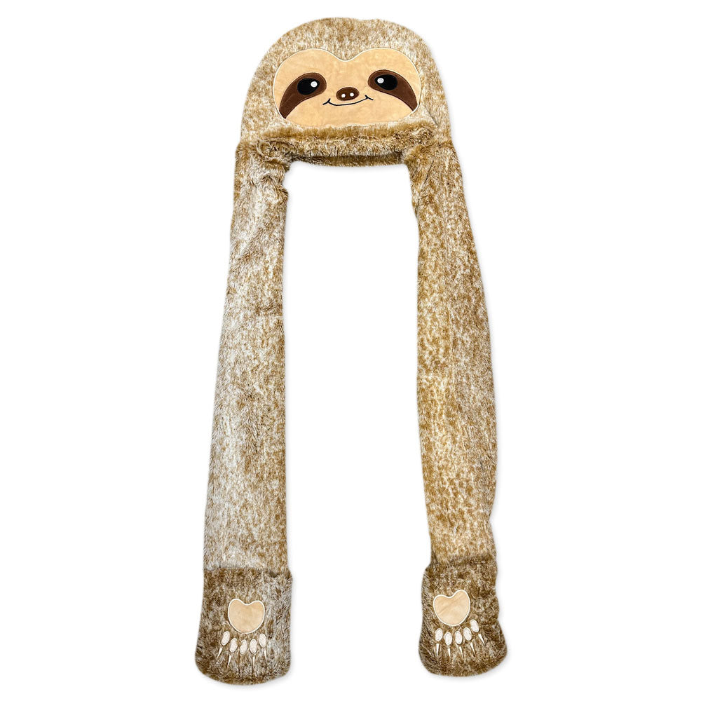 The Sloth Longpaw Hat is a cozy brown winter hat with a cute sloth face on the hood and paw prints on the ends—perfect for warmth or completing an animal costume.