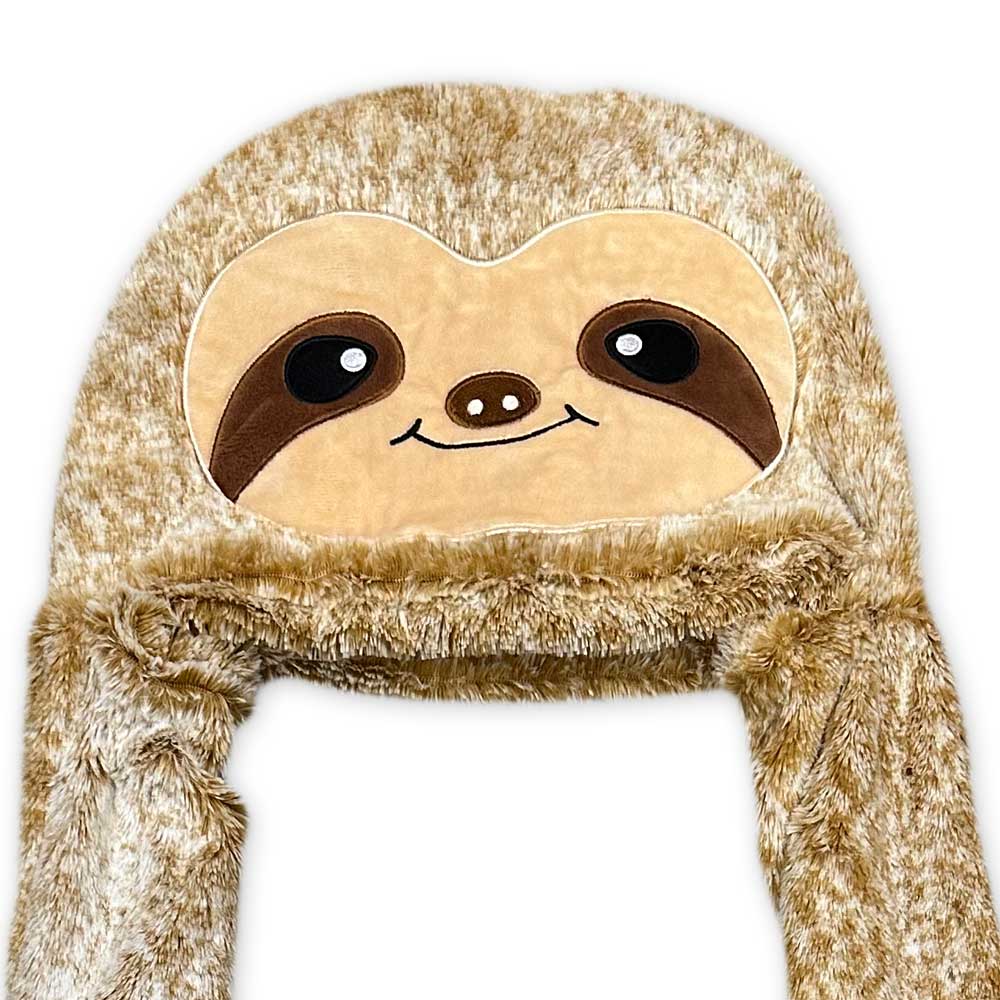 The Sloth Longpaw Hat is a fuzzy beige winter hat with long ear flaps and a cute, smiling sloth face—perfect for animal costume collections.