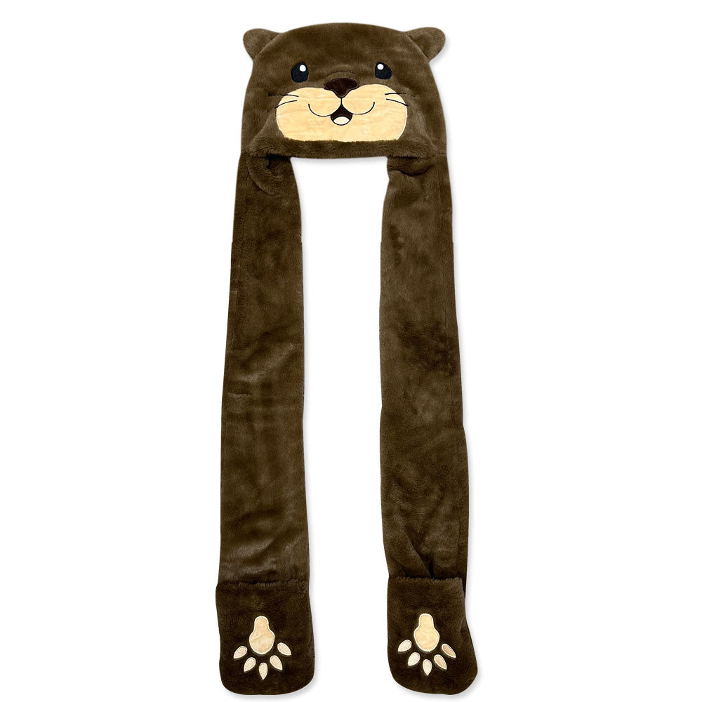 The Otter Longpaw Hat is a brown plush hat with a cute otter face, ears, long scarf-like sides, and paw prints at the ends—perfect for winter coziness or any animal costume collection.