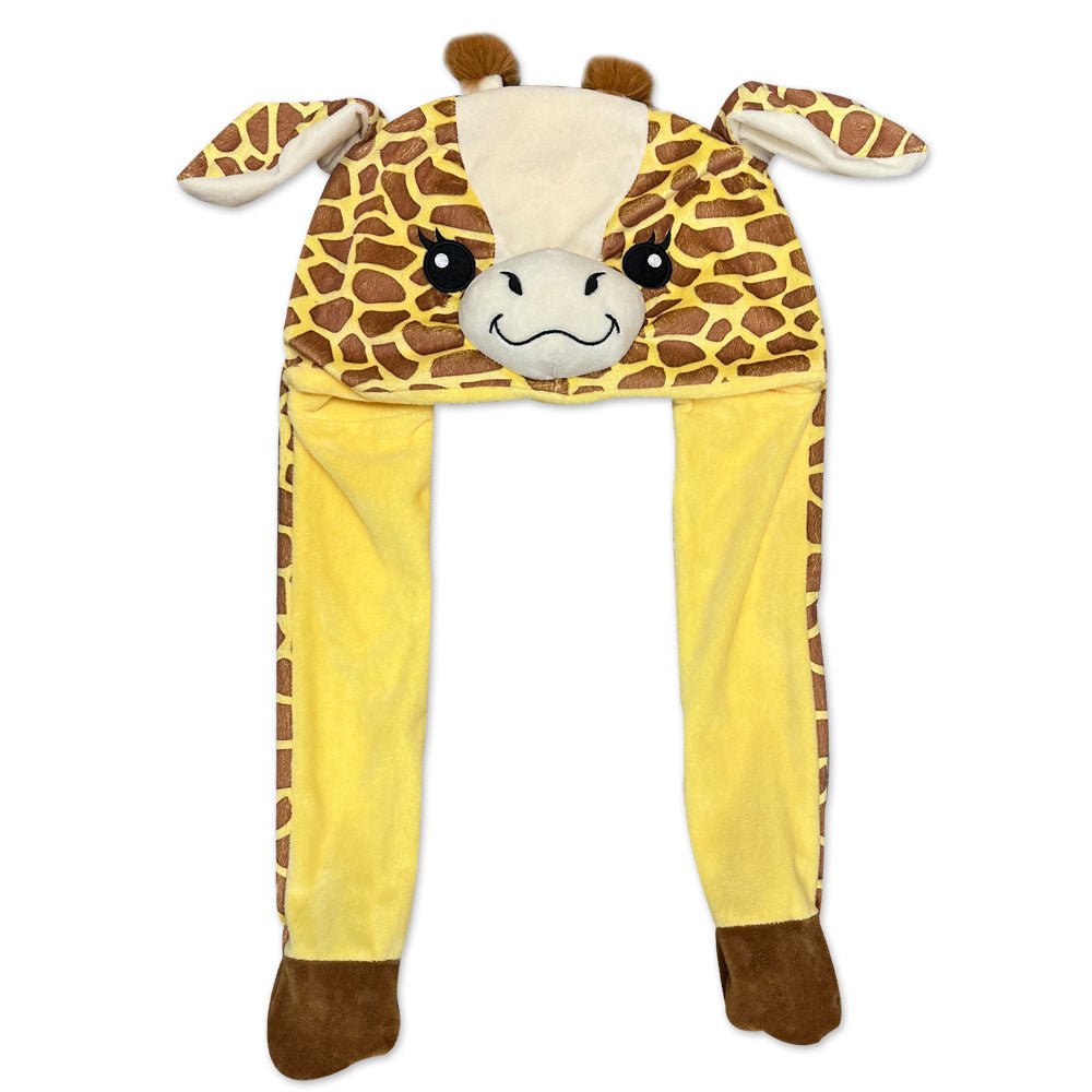 The Giraffe Pop Ears Hat is a plush hat made from recycled velboa, featuring a giraffe face, brown spots, ears, small horns, and two long yellow side flaps with brown tips.