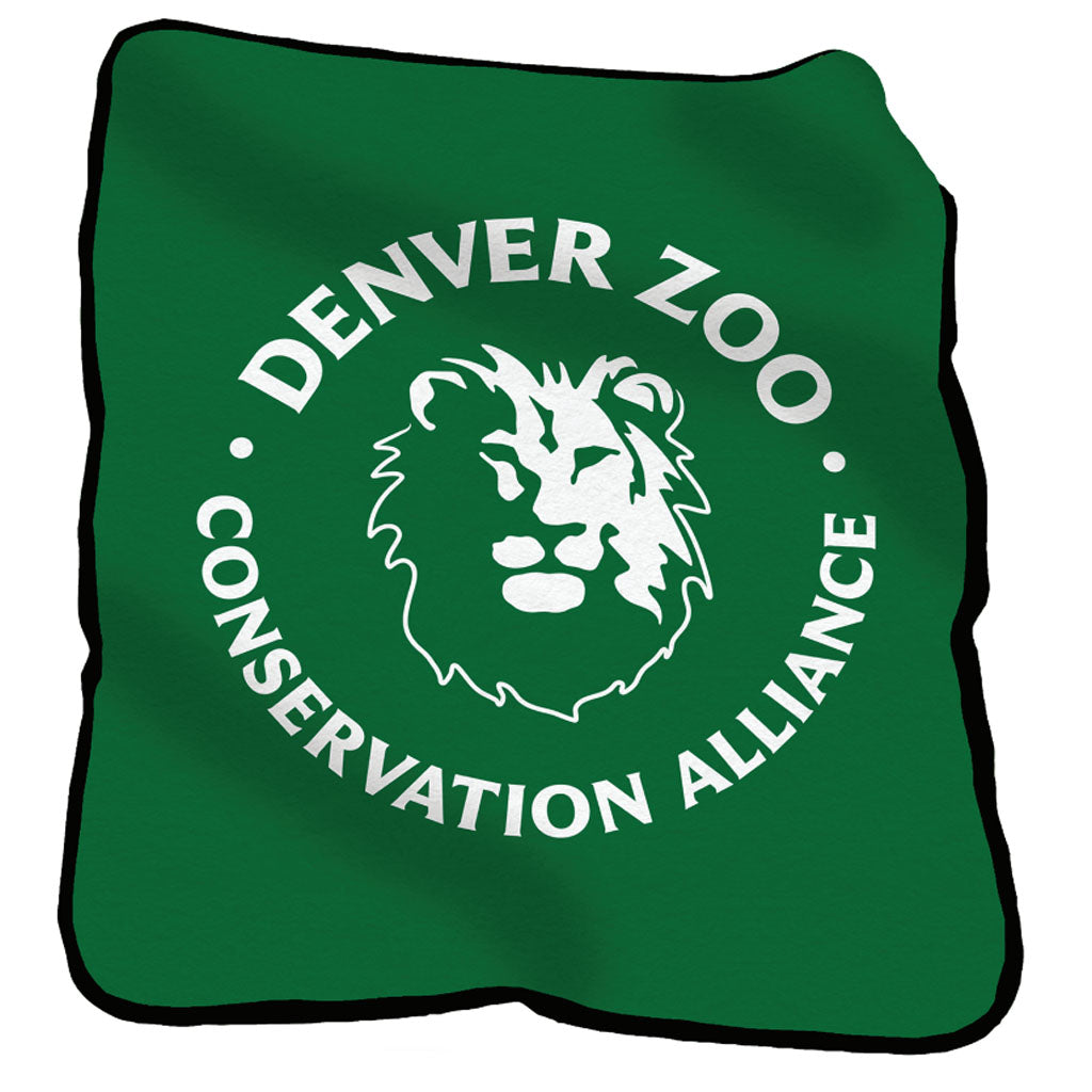 The DZCA Logo Blanket features a green logo with a white lion’s face encircled by “Denver Zoo Conservation Alliance,” symbolizing wildlife preservation and the alliance’s dedication to protecting endangered species.