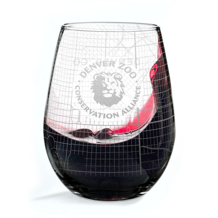 The DZCA Wine Glass is a stemless wine glass with an etched grid pattern and the Conservation Alliance lion logo—a stylish, eco-conscious choice for wildlife supporters.