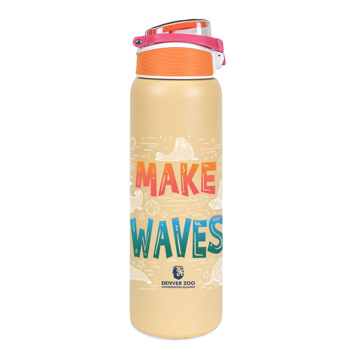 The DZCA Sea Lions Make Waves Water Bottle is beige with an orange lid, pink handle, colorful "MAKE WAVES" text, the Denver Zoo logo beneath, and white line drawings of sea lions and aquatic animals in the background.