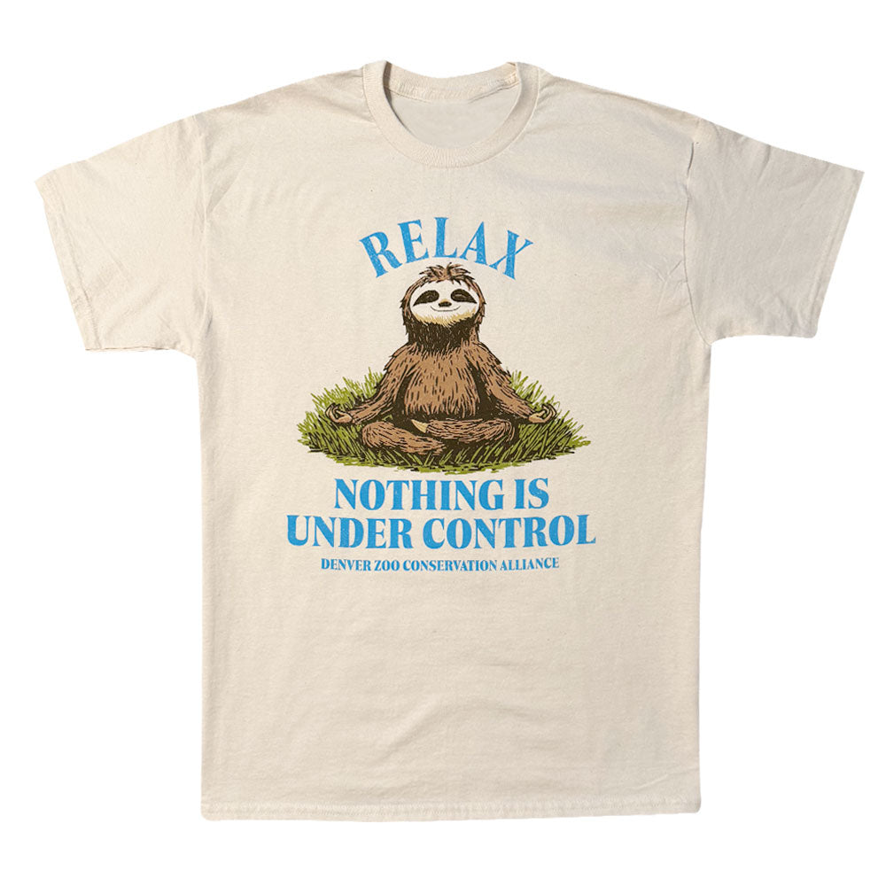 The DZCA Yoga Sloth T-Shirt features a meditating sloth on grass, with "RELAX" above and "NOTHING IS UNDER CONTROL" below. Ideal for yoga lovers, it includes Denver Zoo Conservation Alliance text in small print.