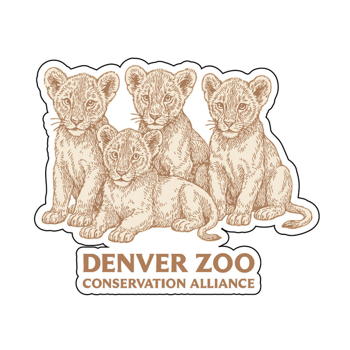 DZCA Lion Cub Sticker features four African lion cubs sitting above “DENVER ZOO CONSERVATION ALLIANCE” in bold brown text on white—ideal for wildlife conservation or lion-themed collections.