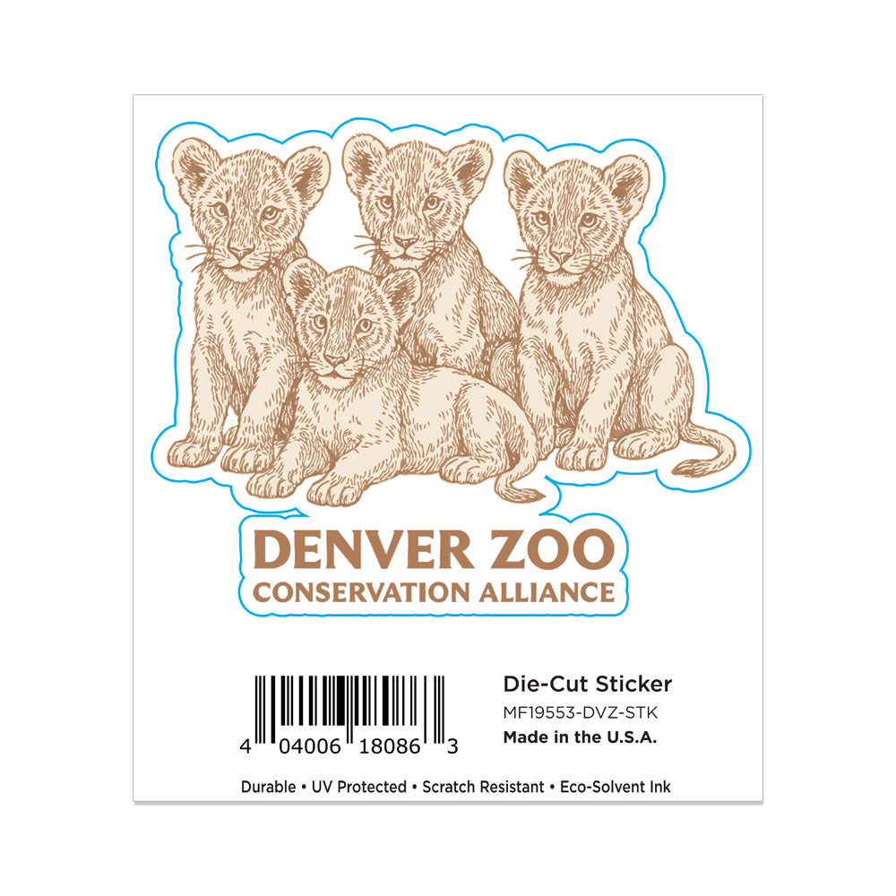 The DZCA Lion Cub Sticker features four illustrated African lion cubs sitting together above “Denver Zoo Conservation Alliance.” Charming and conservation-themed, this sticker includes extra product details and a barcode below the artwork.