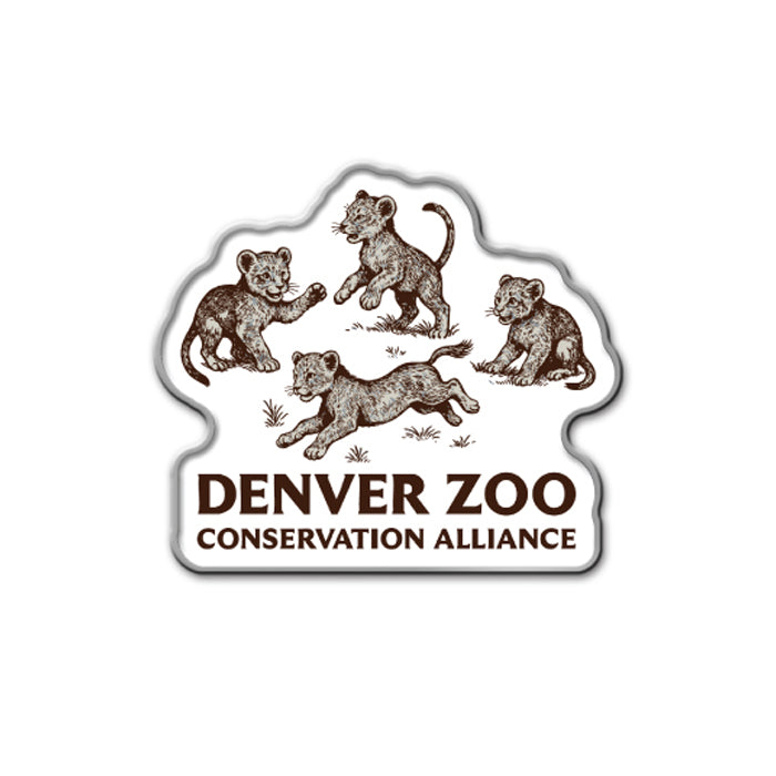 The DZCA Lion Cub Lapel Pin features four playful African lion cubs above bold "Denver Zoo Conservation Alliance" text on a white background, celebrating wildlife conservation.