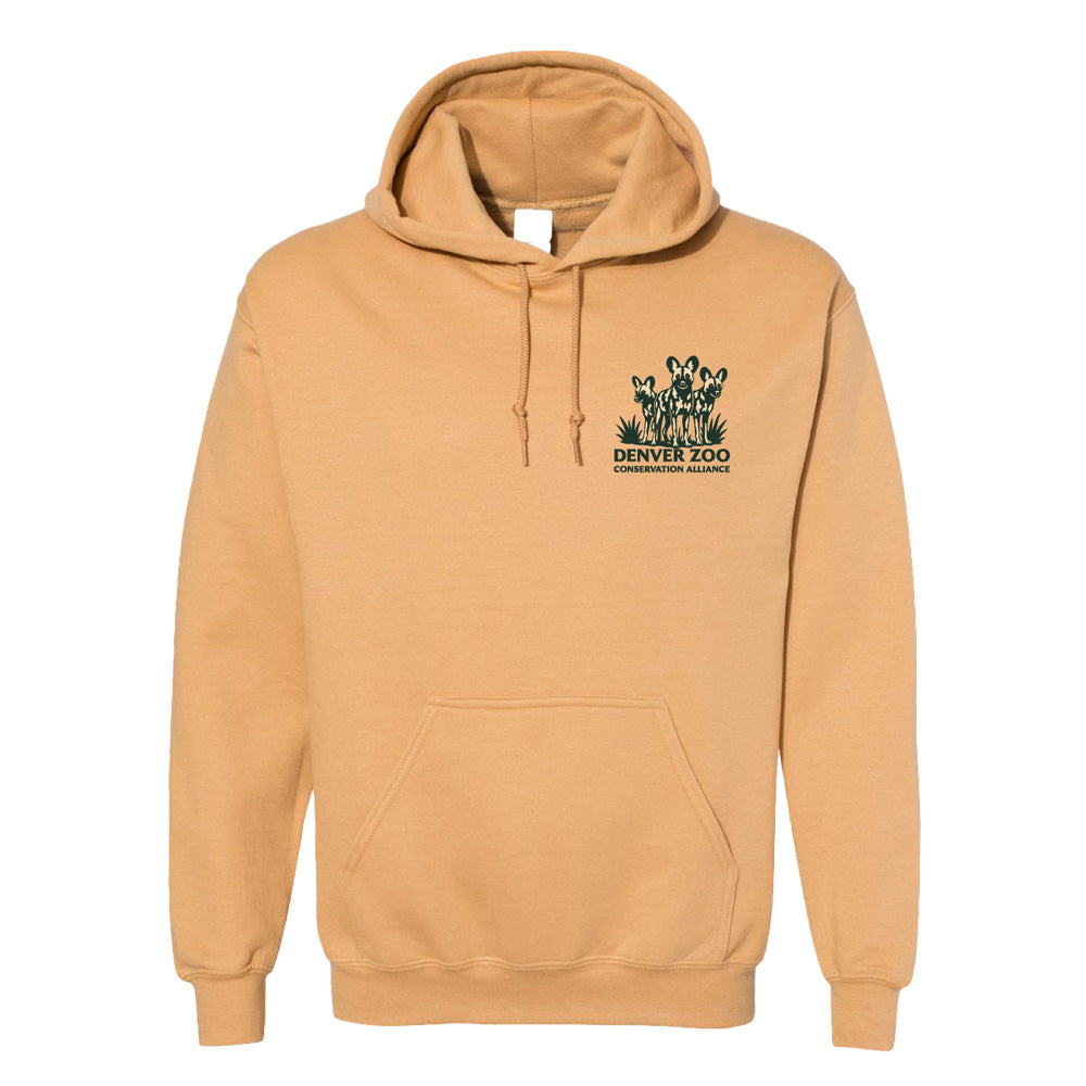 The DZCA Stay Wild Dogs Hooded Sweatshirt is a tan pullover with a front pocket and a small Denver Zoo Conservation Alliance logo of three African Wild Dogs and grass on the left chest—ideal for nature enthusiasts.