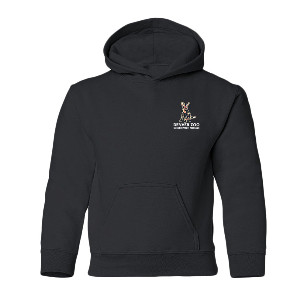 The DZCA Find Your Pack Youth Hooded Sweatshirt features a front pocket and a small Denver Zoo logo with an African Wild Dog face above "DENVER ZOO" on the left chest, supporting wildlife conservation. Shown on a plain white background.