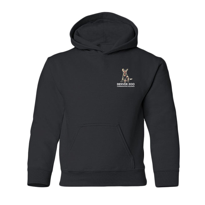 The DZCA Find Your Pack Youth Hooded Sweatshirt features a front pocket and a small Denver Zoo logo with an African Wild Dog face above "DENVER ZOO" on the left chest, supporting wildlife conservation. Shown on a plain white background.
