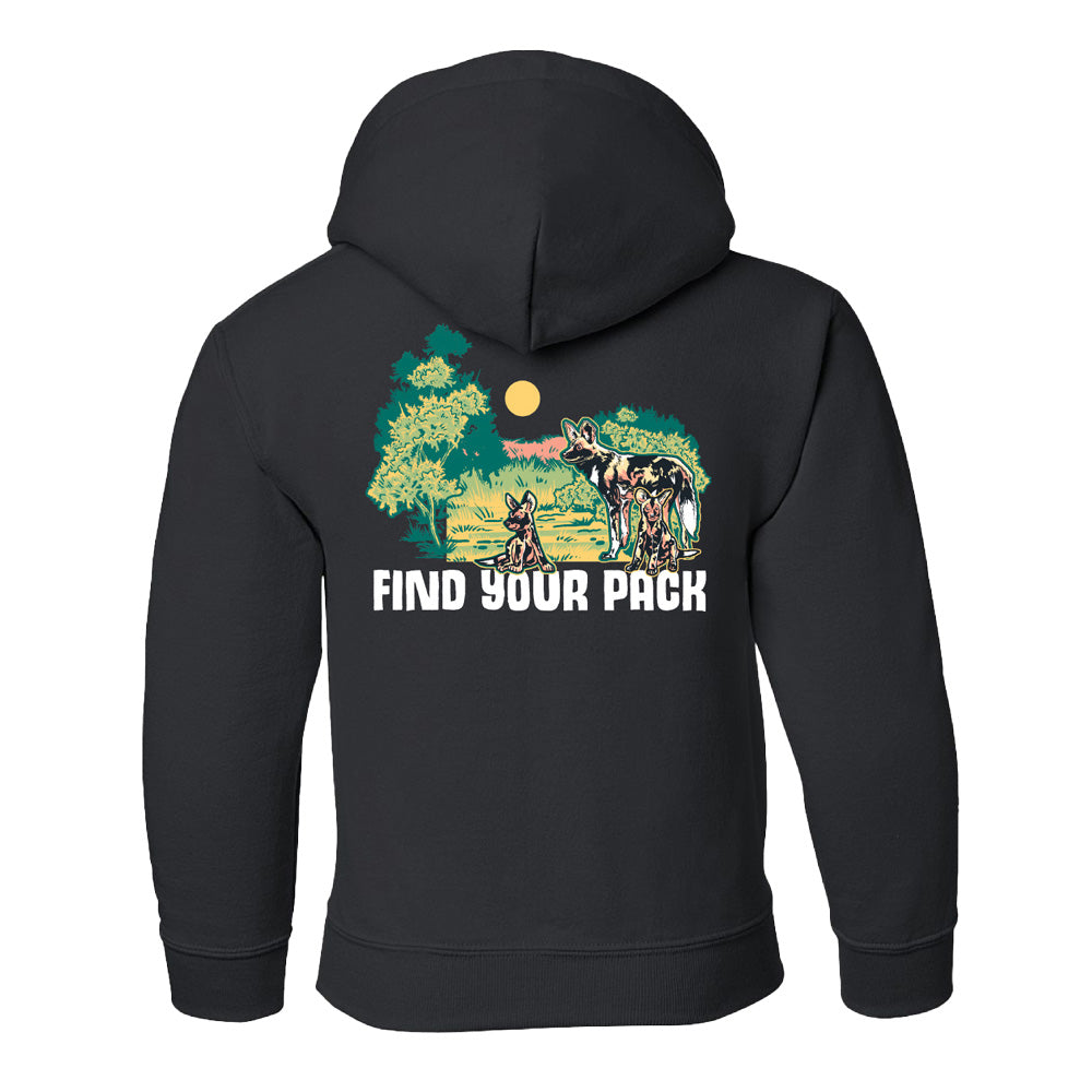 The DZCA Find Your Pack Youth Hooded Sweatshirt is black with a colorful wolves-howling-at-the-moon forest illustration, inspired by wildlife conservation. “FIND YOUR PACK” is printed below the image.
