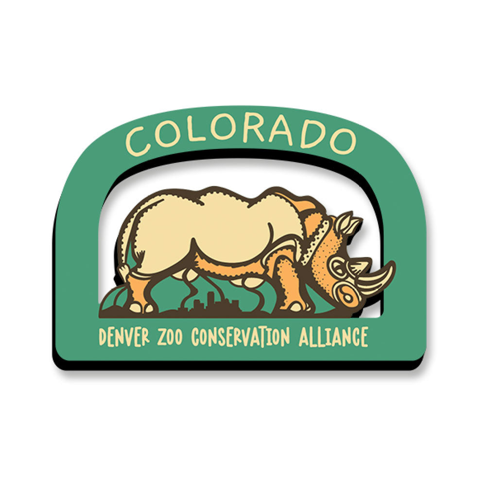 The DZCA Rhino 2D Magnet features a rhino illustration with “Colorado” above and “Denver Zoo Conservation Alliance” below, all in a green rounded frame—a great wildlife magnet for rhino conservation fans.