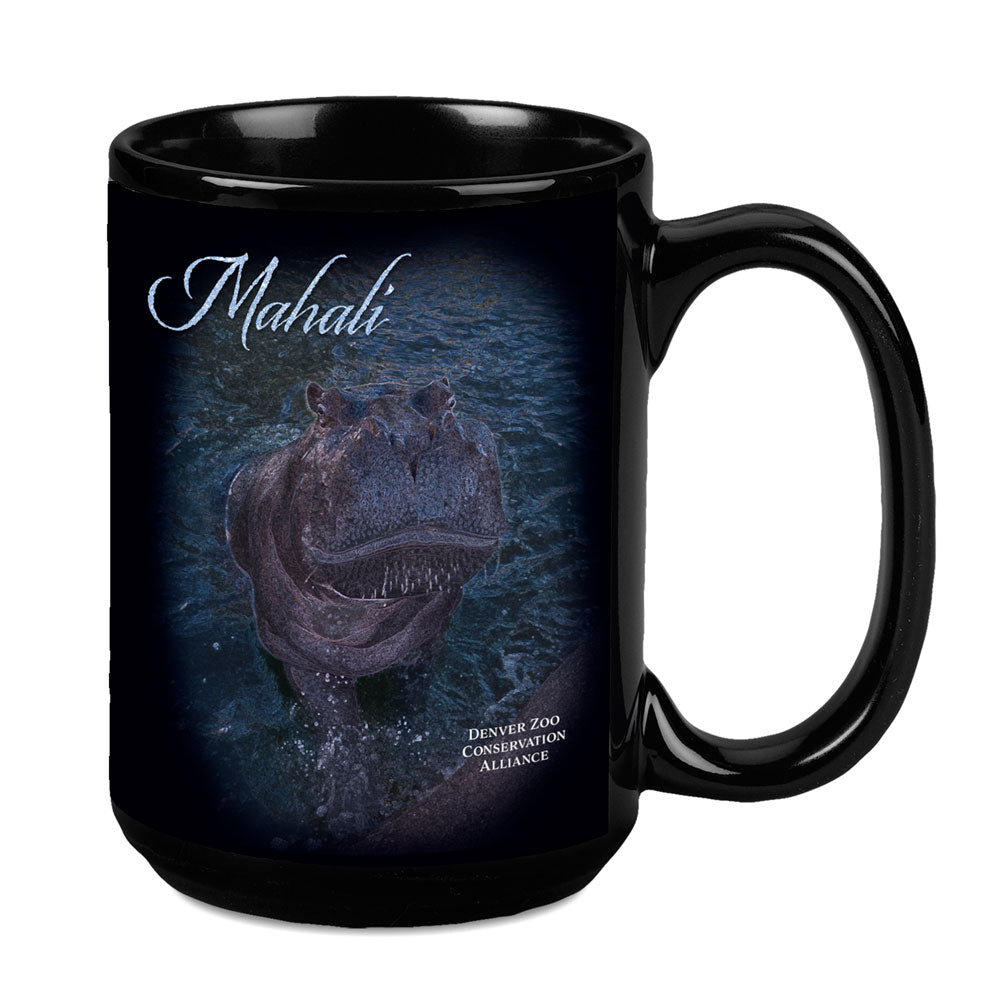 The DZCA Mahali Hippo Mug showcases a partially submerged hippo, elegant “Mahali” script, and Denver Zoo Conservation Alliance branding—perfect for wildlife conservation supporters and zoo lovers.