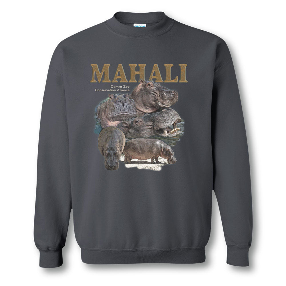 The DZCA Mahali Hippo Crew Sweatshirt is dark grey with MAHALI in large gold letters above four hippo images, plus “Denver Zoo Conservation Alliance” below—an ideal pick for animal lovers.