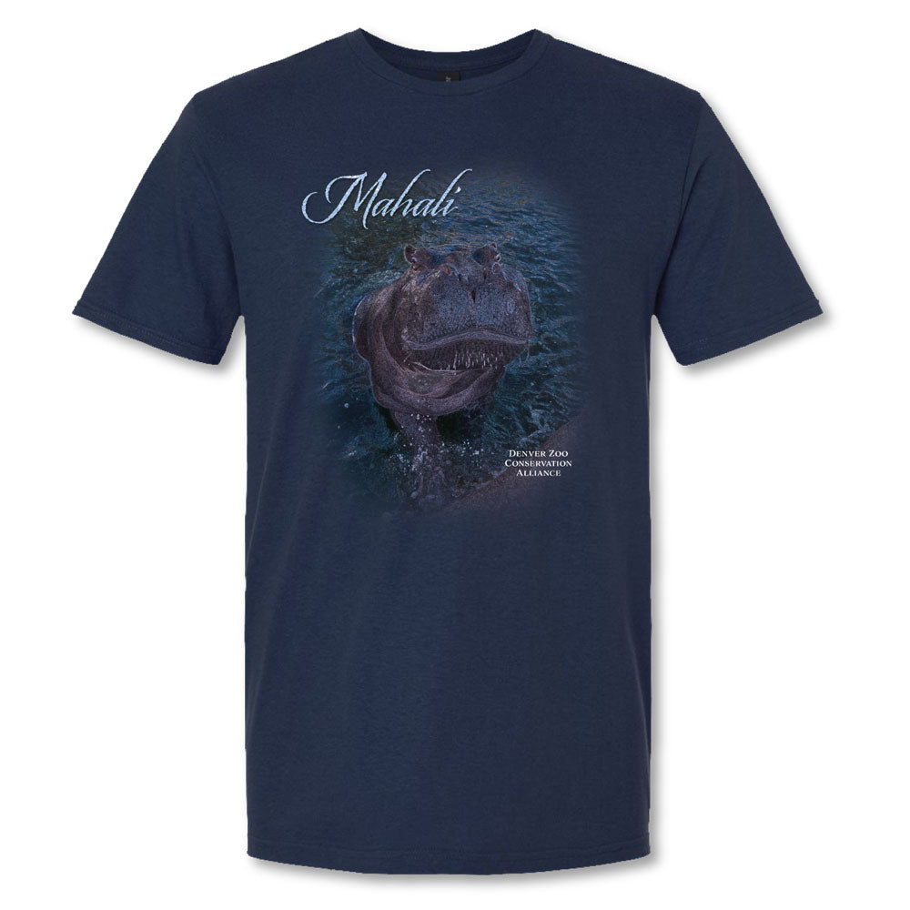 The DZCA Mahali Hippo T-Shirt is navy blue, features a hippo emerging from water with "Mahali" above and "Denver Zoo Conservation Alliance" below, and supports wildlife and hippo conservation.