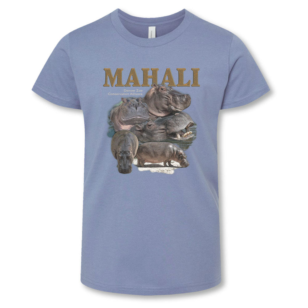 The DZCA Mahali Hippo Youth T-Shirt is a light blue, eco-friendly shirt featuring realistic hippo illustrations, “MAHALI” in bold gold letters, and “Cincinnati Zoo”—perfect for young animal lovers.
