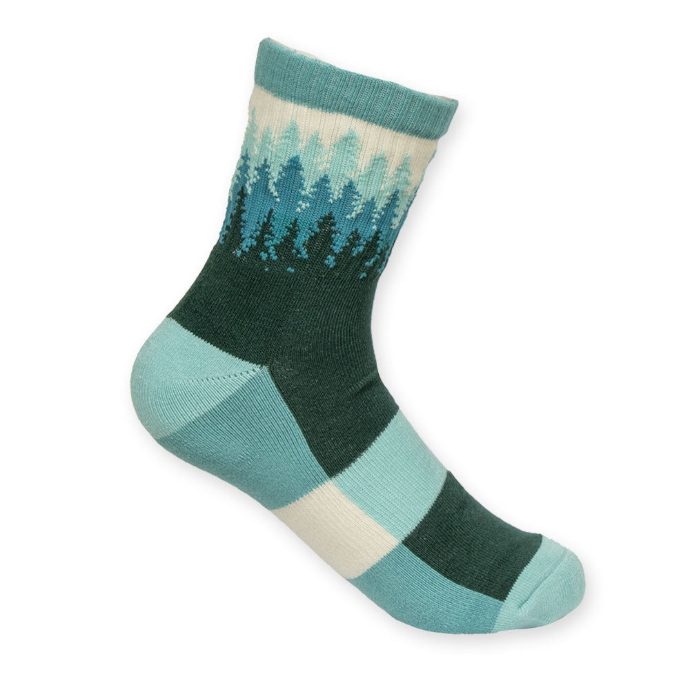 The DZCA x Jack and Sage Trees Socks are crew socks with blue and white checkered feet and a blue-green evergreen tree pattern at the ankle, ideal for anyone who loves unique nature-inspired socks.