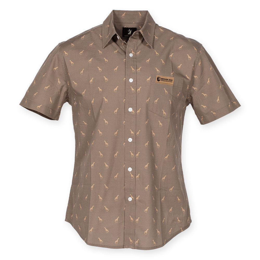 The DZCA x Jack and Sage Giraffe Button-Up Shirt is a brown, short-sleeved, safari-inspired top featuring a subtle giraffe print and a small tan Bronx Zoo patch on the left chest.