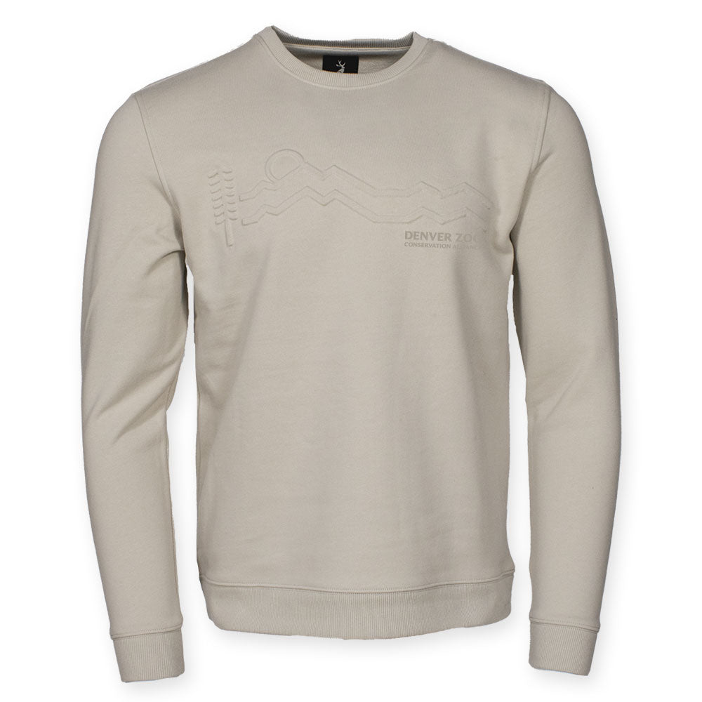 The DZCA x Jack and Sage Sunset Sweatshirt is a light beige crew neck with ribbed cuffs and hem, long sleeves, and 3D embossed mountain, sun, tree design with “Denver Zoo” text for a cozy, nature-inspired look.