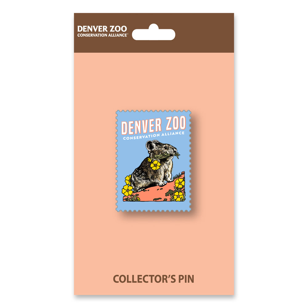 The DZCA Pika Pin from Denver Zoo features a cute small animal and yellow flowers on a postage stamp-shaped background. This Colorado keepsake is attached to a peach display card—ideal for collectors.