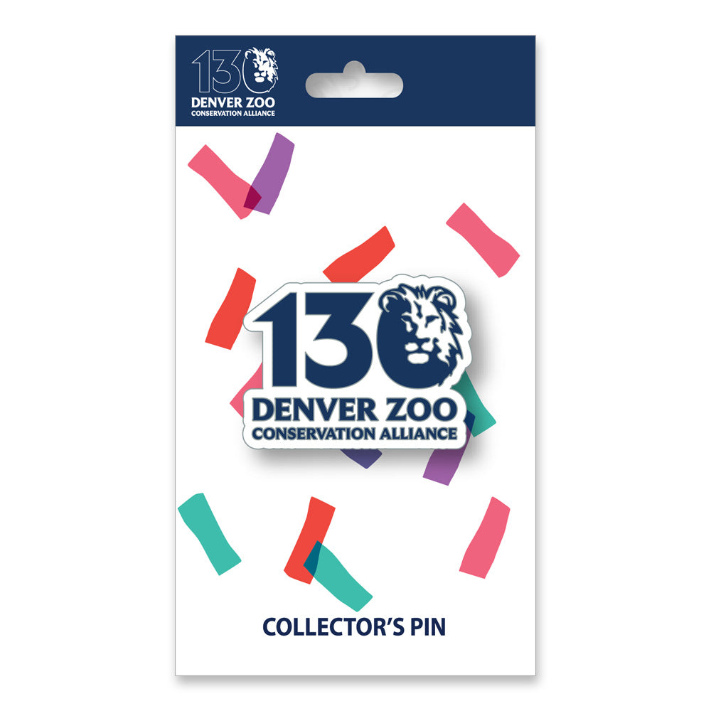 Celebrate with the DZCA 130th Anniversary Pin, featuring a lion’s head logo on a confetti card. A vibrant collectible from the Denver Zoo Conservation Alliance—perfect for fans and supporters!.