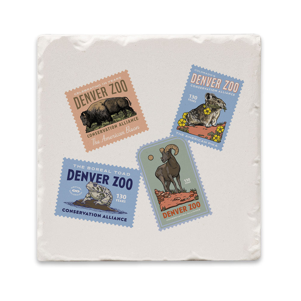 The DZCA 130th Anniversary Collage Coaster showcases four Denver Zoo stamps—bison, toad, bighorn sheep, ferret—each with "Conservation Alliance" and "130 Years" to celebrate the milestone.
