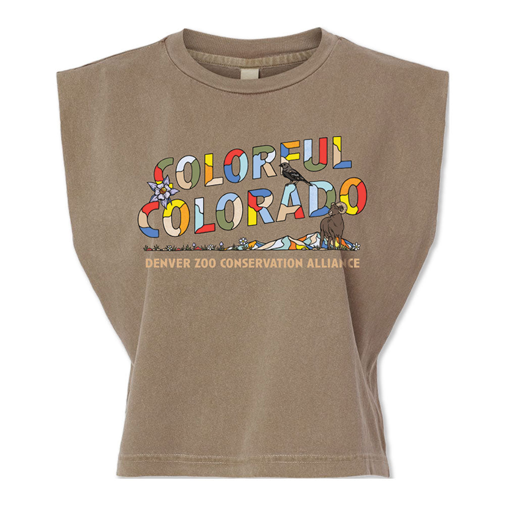 The DZCA Colorful Colorado Women's T-Shirt is a brown, limited-edition tee featuring vibrant "COLORFUL COLORADO" text with animal graphics and "DENVER ZOO CONSERVATION ALLIANCE" in orange—ideal for Colorado’s 150th anniversary.