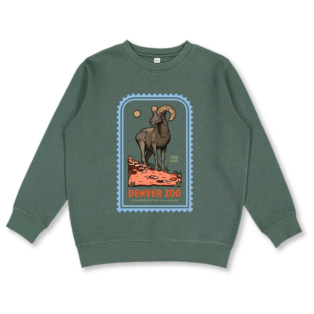 Celebrate the Denver Zoo’s 130th with the DZCA 130th Anniversary Longhorn Youth Sweatshirt—green, featuring a stamped bighorn sheep design on rocky terrain and “Denver Zoo and Conservation Alliance” below the image.