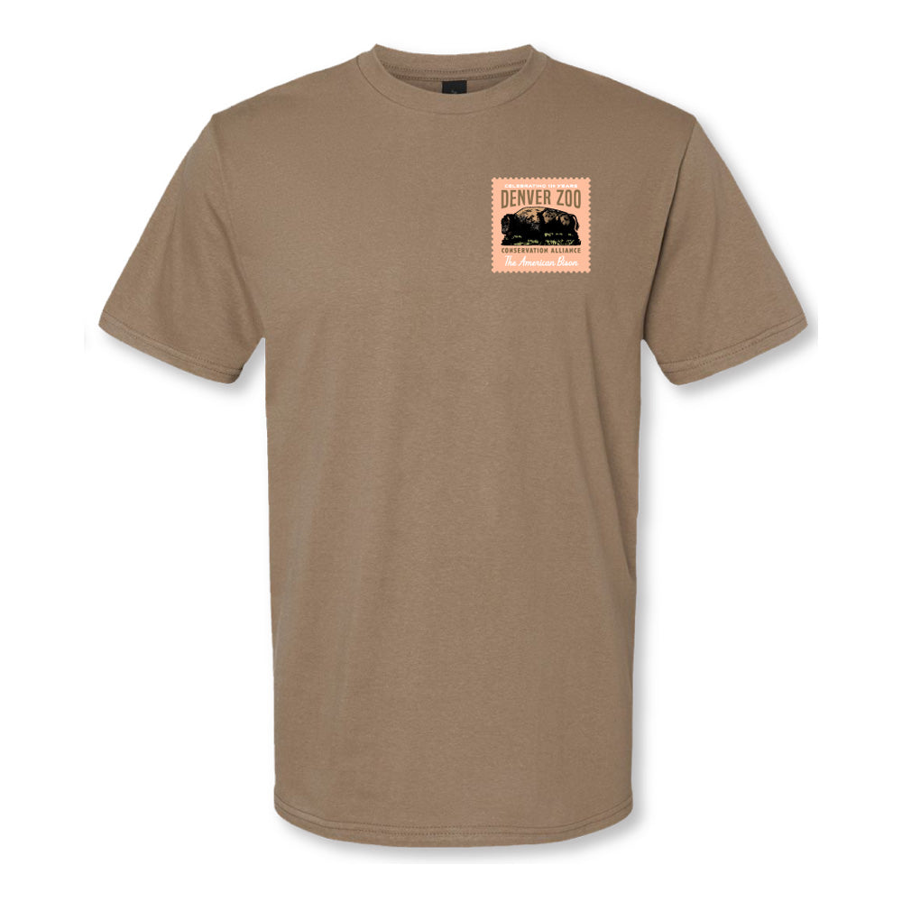 Khaki DZCA 130th Anniversary Collage T-Shirt with small rectangular Denver Zoo logo featuring a rhinoceros on an orange background, left chest. Part of the limited-edition anniversary collection.
