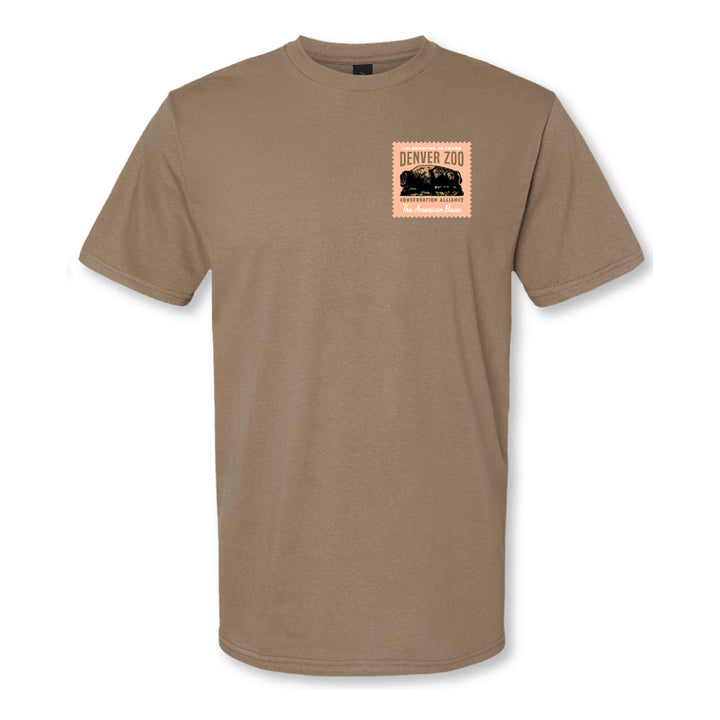Khaki DZCA 130th Anniversary Collage T-Shirt with small rectangular Denver Zoo logo featuring a rhinoceros on an orange background, left chest. Part of the limited-edition anniversary collection.