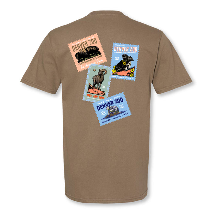 Celebrate Colorado in style with the DZCA 130th Anniversary Collage T-Shirt—a brown limited-edition tee showcasing four colorful, stamp-like Denver Zoo animal designs on the back. Ideal for marking this special occasion!.
