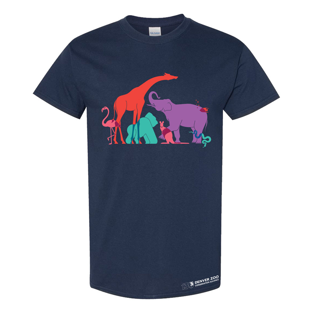 Celebrate Denver Zoo’s 130th with the navy DZCA 130th Anniversary T-Shirt, featuring a vibrant group of stylized animals—giraffe, flamingo, elephant, tortoise, lion, and snake—in a playful design marking this milestone year.