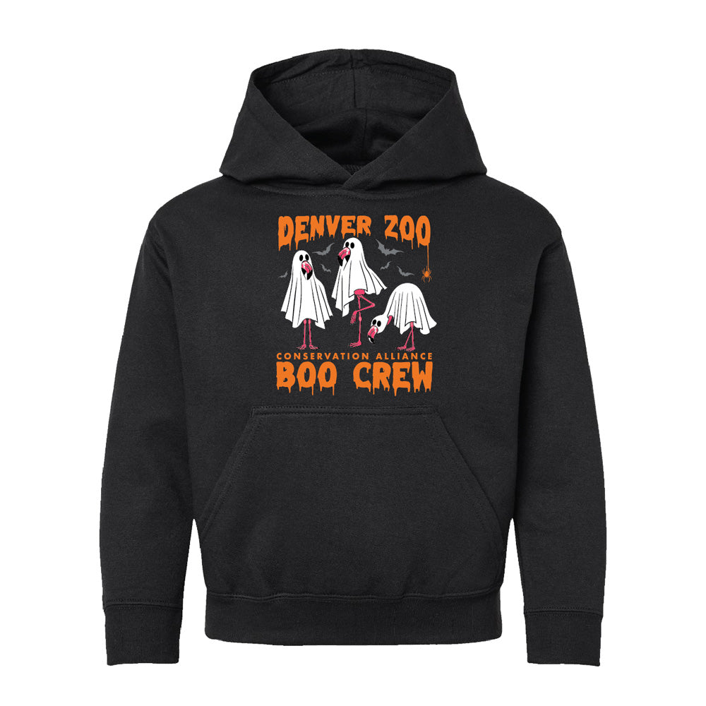 Black DZCA Spooky Season Crew Hooded Youth Sweatshirt featuring a graphic of three flamingos in ghost costumes with the text Denver Zoo Conservation Alliance Boo Crew.