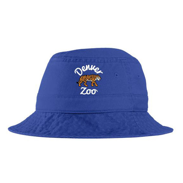 The Youth Tiger Bucket Hat is royal blue, featuring a bold tiger logo and "Denver Zoo" embroidered in white above and below the graphic on the front.