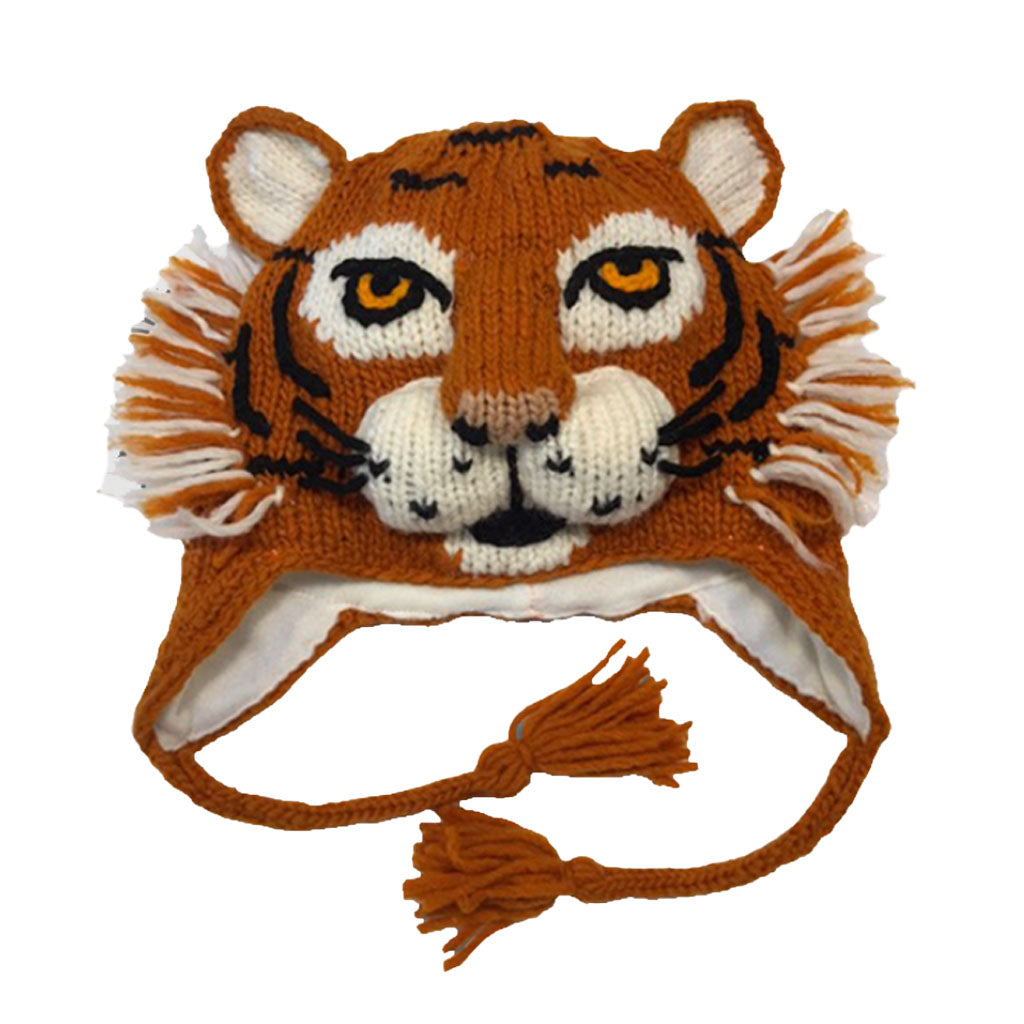 The Tiger Youth Knit Hat is a playful winter accessory made from orange, black, and white yarn, featuring cute ears, a fluffy yarn mane, and braided tassels on the ear flaps for extra coziness.