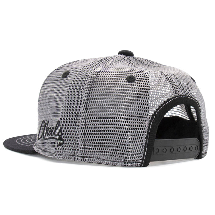 The Kids Rhino Flat Brim Hat is a grey and black mesh trucker hat with an adjustable snapback, embroidered script on the side, and a unique flat brim for a quirky look.