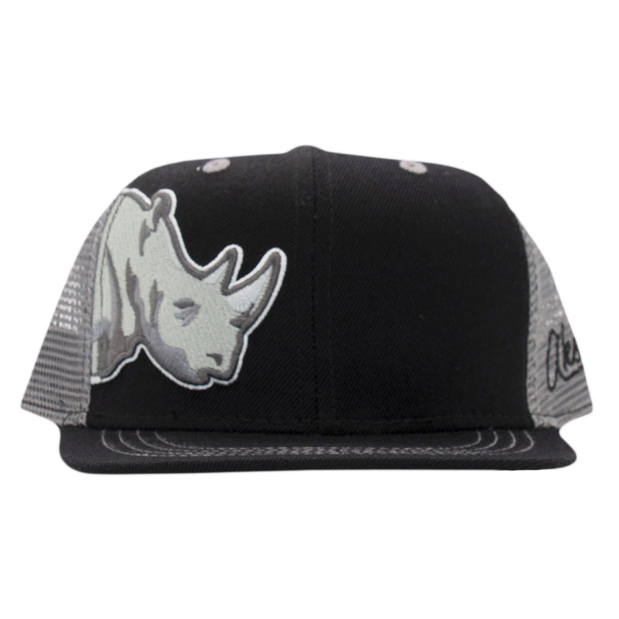 The Kids Rhino Flat Brim Hat features a black and gray design, a mesh back, and a large embroidered rhino head on the front—an eye-catching hat style perfect for kids who want to stand out.