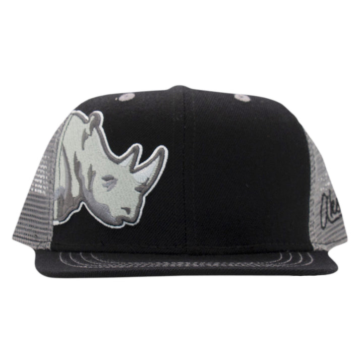 The Kids Rhino Flat Brim Hat features a black and gray design, a mesh back, and a large embroidered rhino head on the front—an eye-catching hat style perfect for kids who want to stand out.