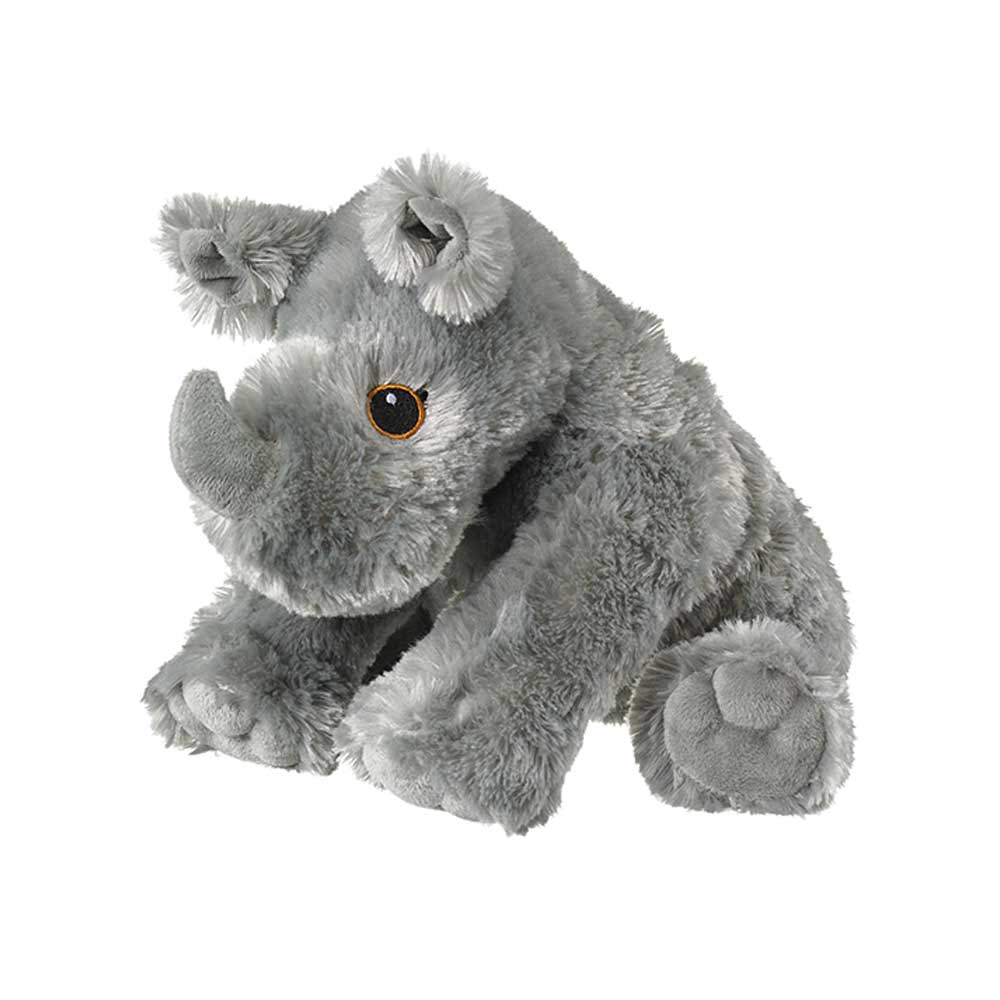 The Eco Rhino Plush is a soft, gray plush with a short horn, round brown eyes, and floppy limbs. It sits upright on a white background and is made from recycled water bottles for eco-friendly comfort.