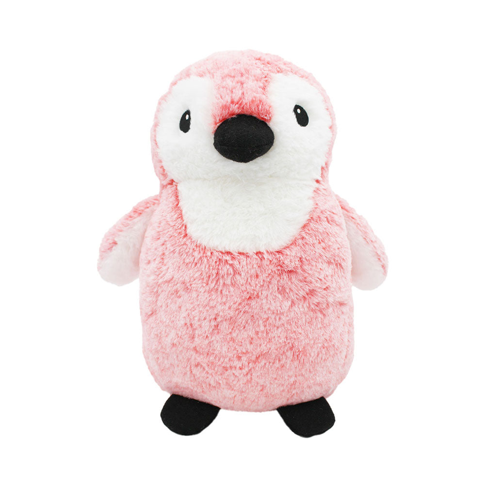 The Penguin Pink Plush is a soft stuffed toy with pink and white fur, a white face and belly, black eyes, beak, and feet—an adorable cuddle companion standing upright against a plain white background.