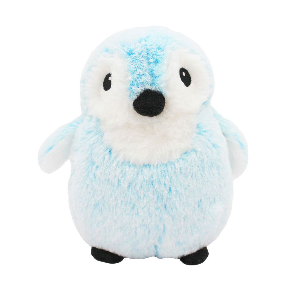 The Penguin Aqua Plush is a stuffed animal shaped like a baby penguin with light blue and white fur, black eyes, a black beak, and small black feet, sitting upright against a white background.