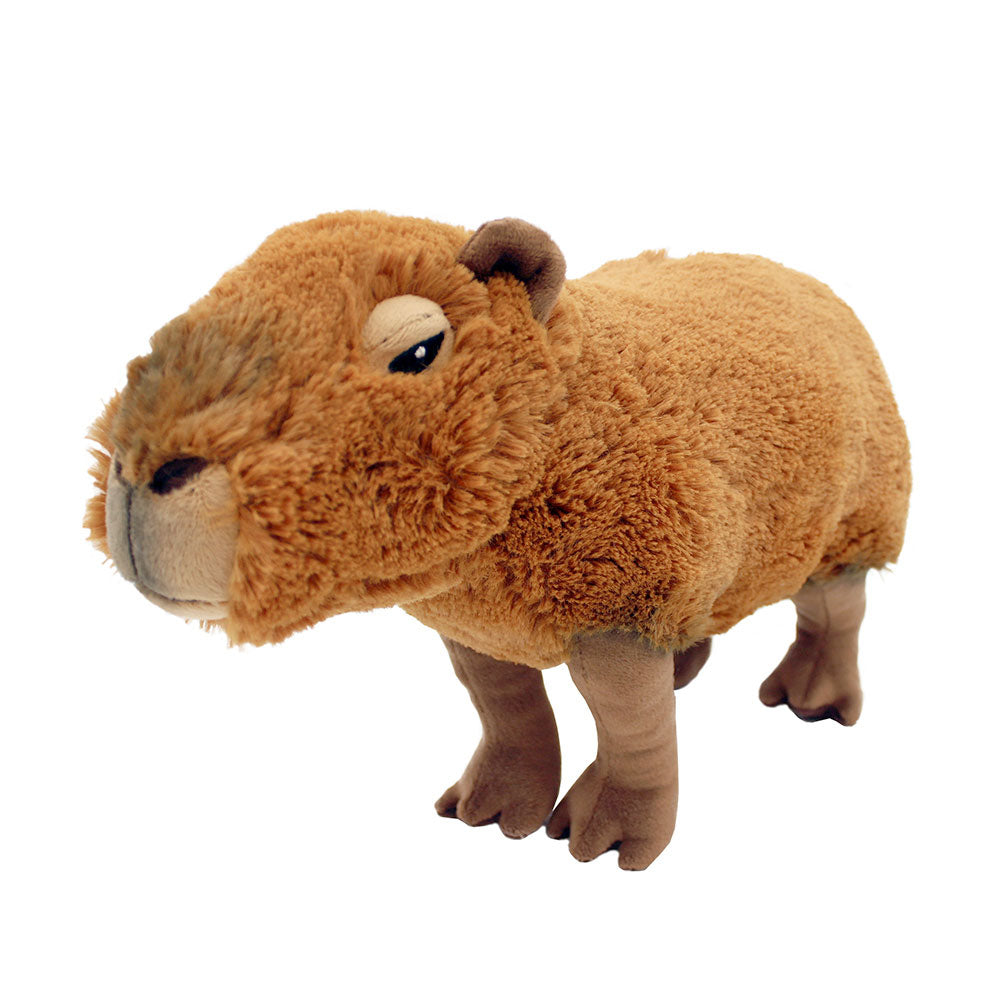 The Eco Capybara Plush is a soft, brown stuffed animal standing on all fours with a rounded snout, small ears, and black eyes—an adorable gift for nature lovers.