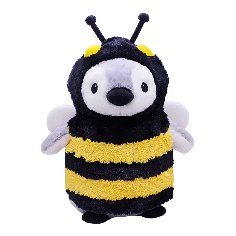 The Plush Bee Outfit is a cute plush penguin dressed as a bee, featuring antennae, wings, and a striped body, shown upright against a white background.
