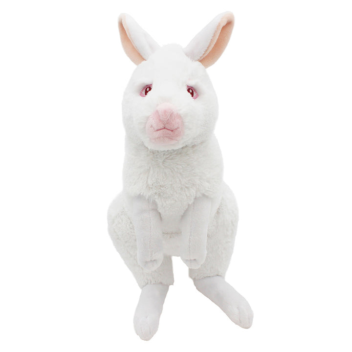 The Eco Plush Albino Wallaby is a white, eco-friendly plush toy with pink inner ears, nose, and eyes. Sitting upright with raised front paws, it's made from recycled materials for a soft and sustainable cuddle companion.