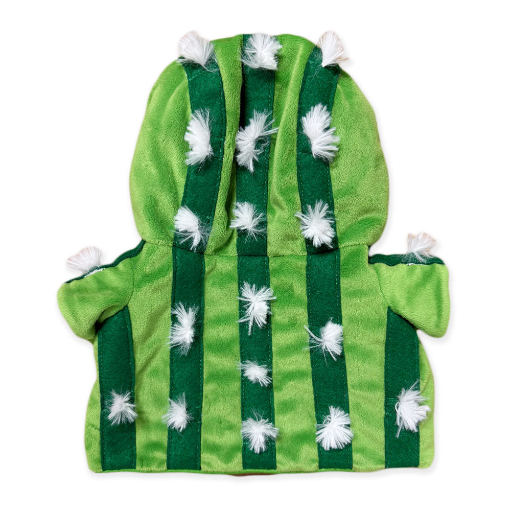 The Plush Cactus Outfit is a green and dark green striped hoodie with a hood, decorated with white fluffy tufts to resemble cactus spines, perfect for imaginative play and shown laid flat on a white background.