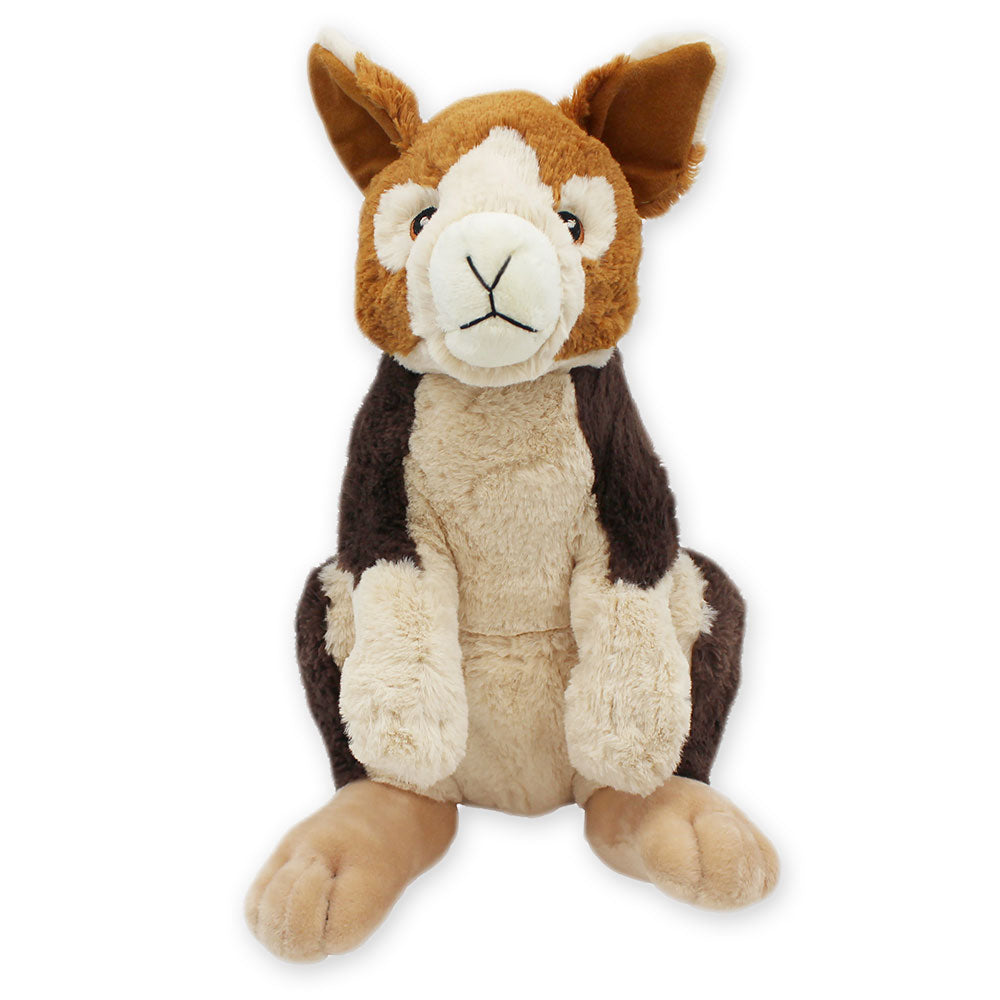 The Tree Kangaroo Plush is a cuddly companion with soft brown, cream, and dark brown fur. It sits upright with its front paws forward and has large, perky ears.