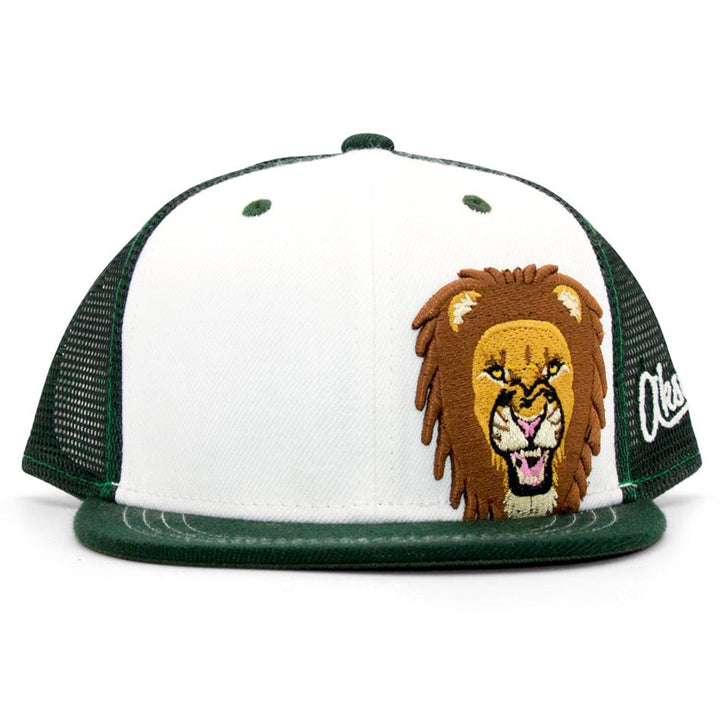 The Kids Lion Flat Brim Hat features a white and dark green design with a mesh back, an embroidered roaring lion’s head on the front panel, and cursive text on the brim for a fun, quirky style.