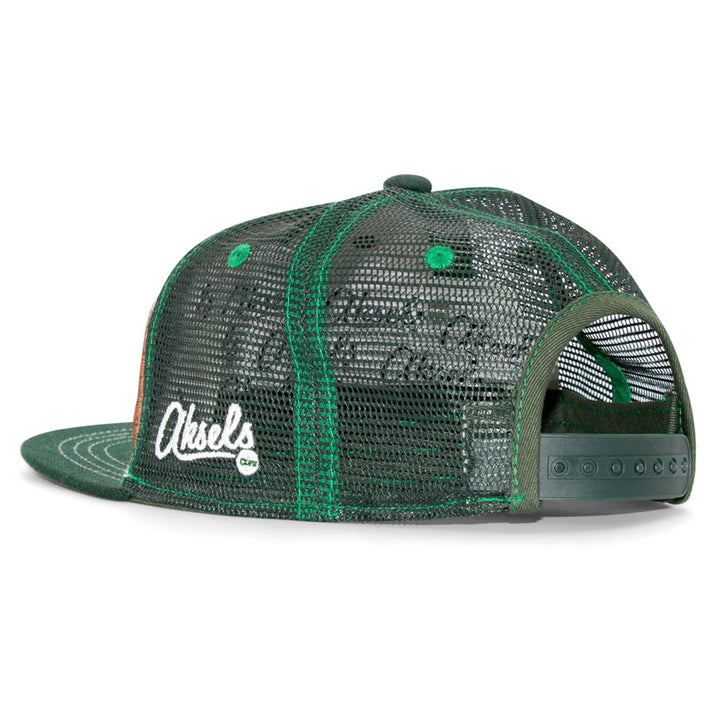 A kids' Lion Flat Brim Hat featuring a green mesh design, adjustable snapback closure, and "Aksels" embroidered in white—perfect for kids who love a fun, quirky style.