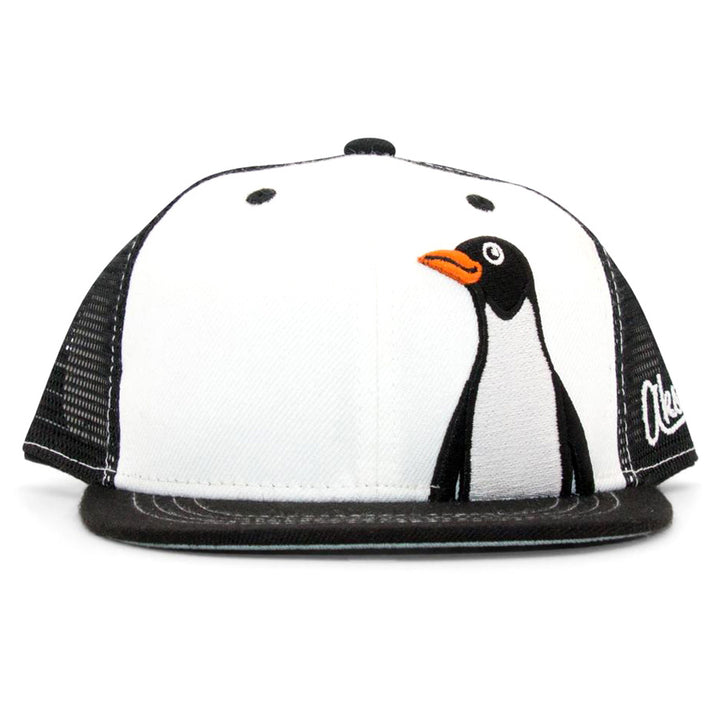 The Kids Penguin Flat Brim Hat is a quirky black-and-white mesh cap with an embroidered cartoon penguin and orange beak on the front—perfect for adding fun style and a unique brim to your child's look.